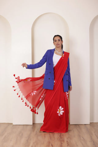 DAISY BLOOM RED KHADI COTTON SAREE WITH ARTISTIC HAND PAINTED FLOWERS