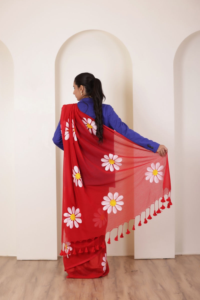 DAISY BLOOM RED KHADI COTTON SAREE WITH ARTISTIC HAND PAINTED FLOWERS