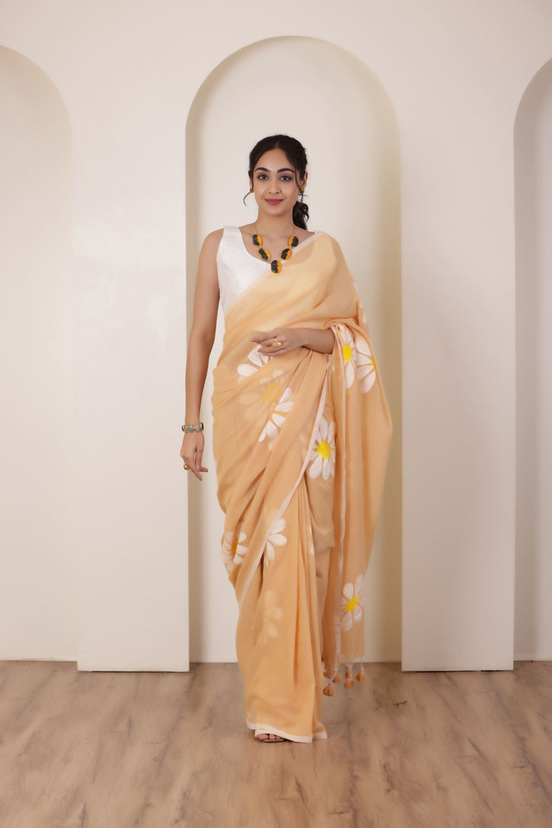 DAISY BLOOM HAND PAINTED KHADI COTTON SAREE IN SANDAL WITH DAISY DETAILING