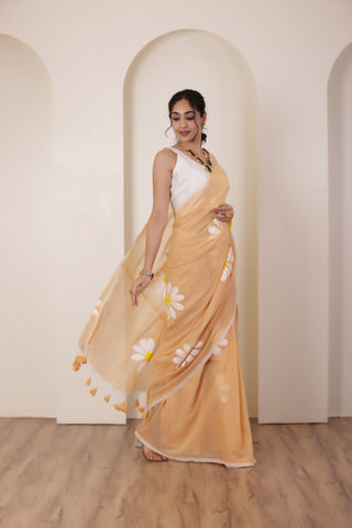 DAISY BLOOM HAND PAINTED KHADI COTTON SAREE IN SANDAL WITH DAISY DETAILING