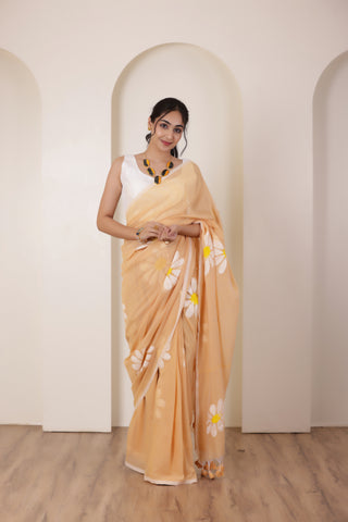DAISY BLOOM HAND PAINTED KHADI COTTON SAREE IN SANDAL WITH DAISY DETAILING