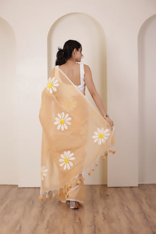 DAISY BLOOM HAND PAINTED KHADI COTTON SAREE IN SANDAL WITH DAISY DETAILING