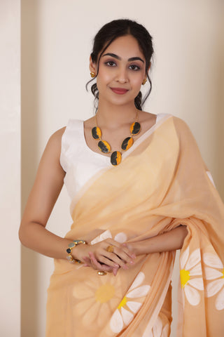 DAISY BLOOM HAND PAINTED KHADI COTTON SAREE IN SANDAL WITH DAISY DETAILING