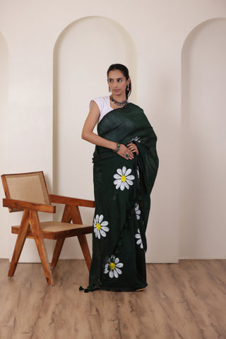 DAISY BLOOM  ARTISTIC KHADI SAREE IN BOTTLE GREEN WITH WHITE DAISY ARTWORK