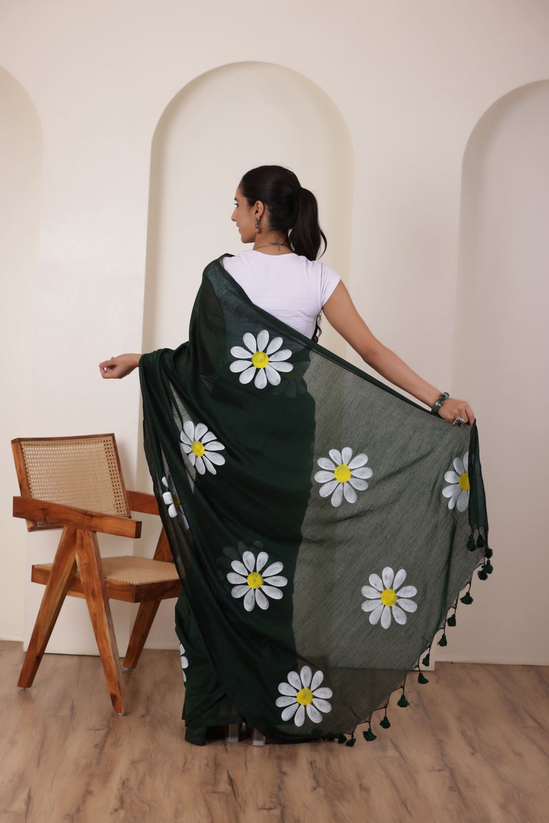 DAISY BLOOM  ARTISTIC KHADI SAREE IN BOTTLE GREEN WITH WHITE DAISY ARTWORK