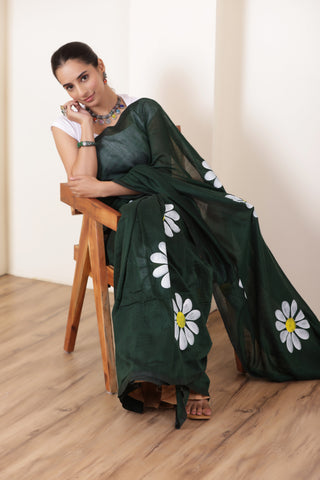 DAISY BLOOM  ARTISTIC KHADI SAREE IN BOTTLE GREEN WITH WHITE DAISY ARTWORK