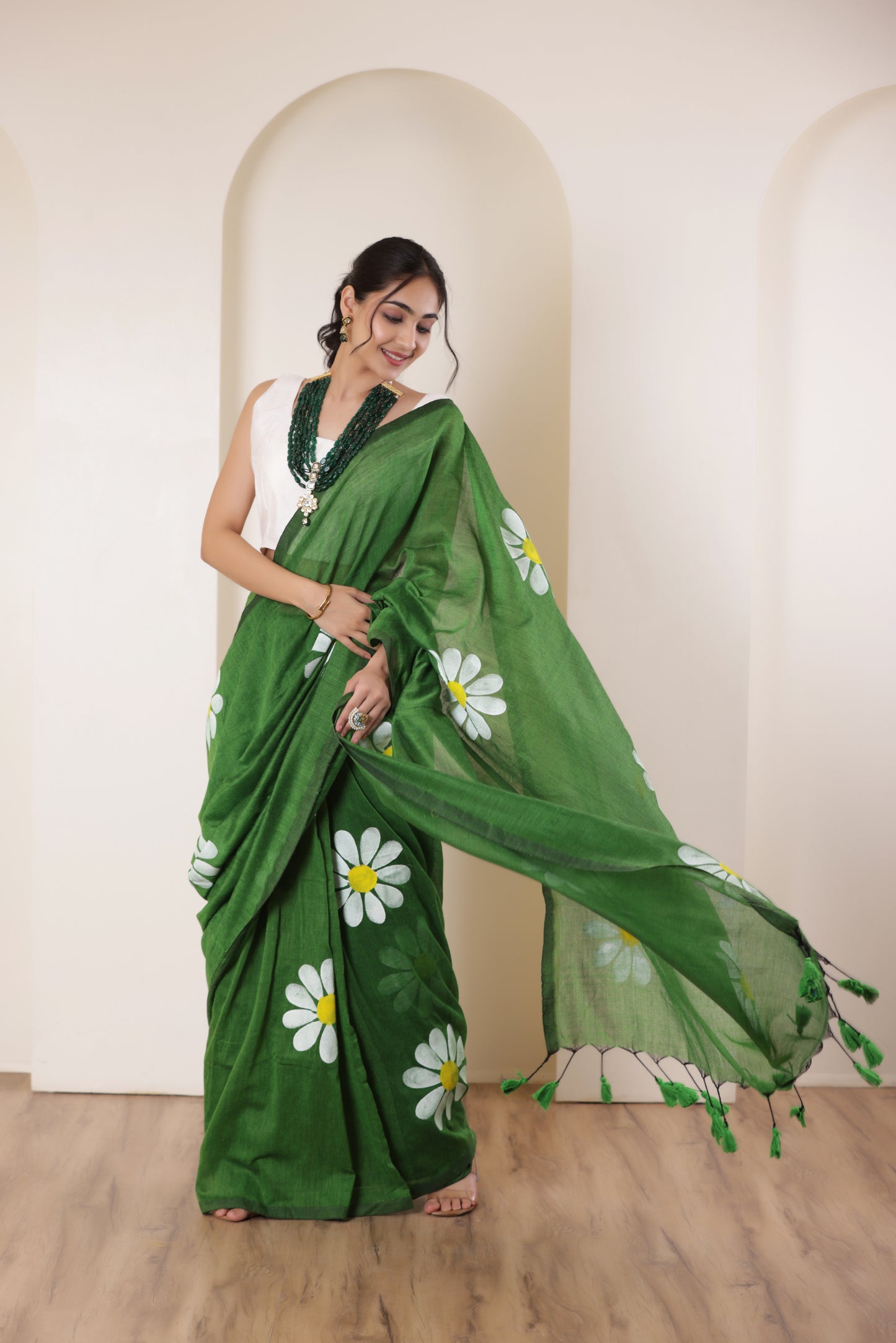 DAISY BLOOM FOREST GREEN HAND PAINTED KHADI COTTON SAREE
