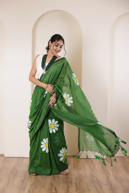 DAISY BLOOM FOREST GREEN HAND PAINTED KHADI COTTON SAREE