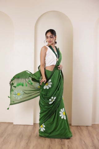 DAISY BLOOM FOREST GREEN HAND PAINTED KHADI COTTON SAREE