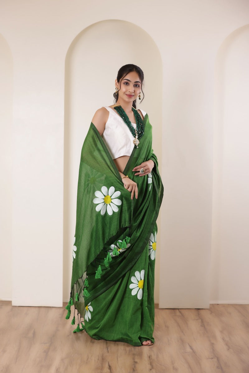 DAISY BLOOM FOREST GREEN HAND PAINTED KHADI COTTON SAREE