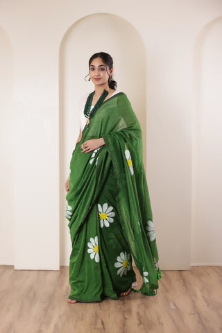 DAISY BLOOM FOREST GREEN HAND PAINTED KHADI COTTON SAREE