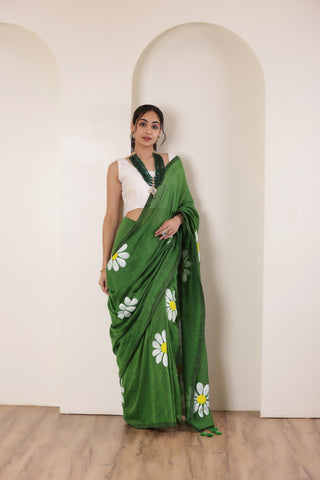 DAISY BLOOM FOREST GREEN HAND PAINTED KHADI COTTON SAREE