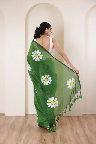 DAISY BLOOM FOREST GREEN HAND PAINTED KHADI COTTON SAREE