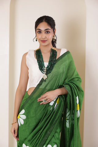 DAISY BLOOM FOREST GREEN HAND PAINTED KHADI COTTON SAREE