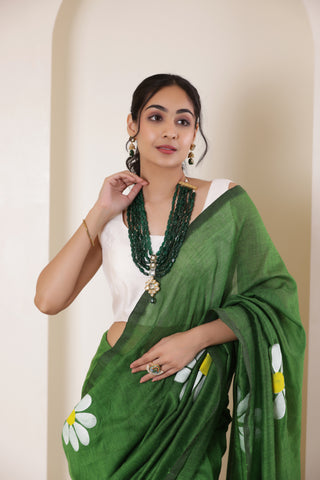 DAISY BLOOM FOREST GREEN HAND PAINTED KHADI COTTON SAREE