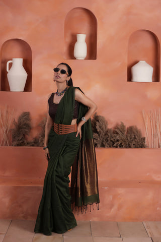 KHADI BRONZE GLOW DARK GREEN HANDLOOM SAREE WITH BURNISHED BRONZE PALLU