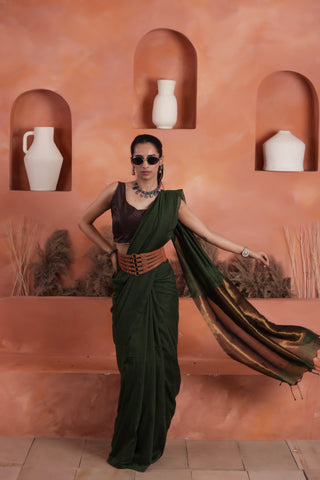 KHADI BRONZE GLOW DARK GREEN HANDLOOM SAREE WITH BURNISHED BRONZE PALLU