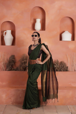 KHADI BRONZE GLOW DARK GREEN HANDLOOM SAREE WITH BURNISHED BRONZE PALLU