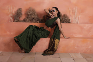 KHADI BRONZE GLOW DARK GREEN HANDLOOM SAREE WITH BURNISHED BRONZE PALLU
