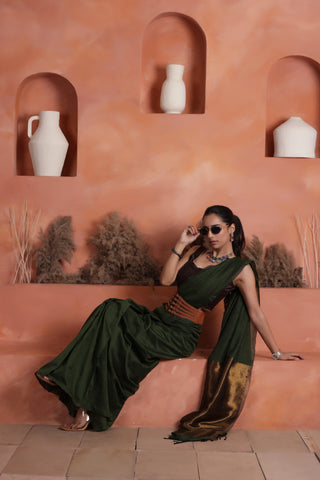 KHADI BRONZE GLOW DARK GREEN HANDLOOM SAREE WITH BURNISHED BRONZE PALLU