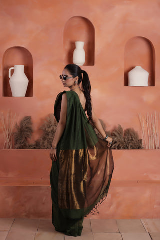 KHADI BRONZE GLOW DARK GREEN HANDLOOM SAREE WITH BURNISHED BRONZE PALLU