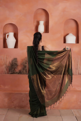 KHADI BRONZE GLOW DARK GREEN HANDLOOM SAREE WITH BURNISHED BRONZE PALLU