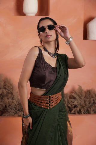 KHADI BRONZE GLOW DARK GREEN HANDLOOM SAREE WITH BURNISHED BRONZE PALLU