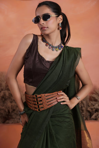 KHADI BRONZE GLOW DARK GREEN HANDLOOM SAREE WITH BURNISHED BRONZE PALLU