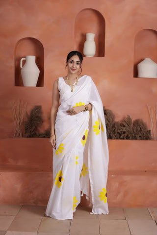 DAISY BLOOM HAND PAINTED KHADI COTTON SAREE IN WHITE