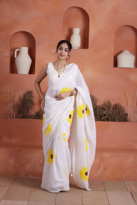 DAISY BLOOM HAND PAINTED KHADI COTTON SAREE IN WHITE