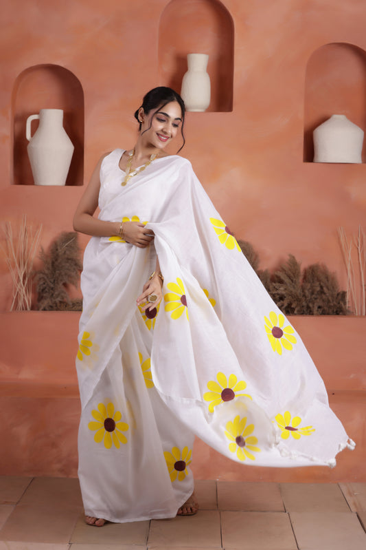 DAISY BLOOM HAND PAINTED KHADI COTTON SAREE IN WHITE