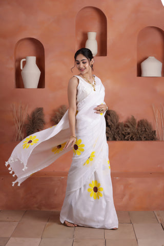DAISY BLOOM HAND PAINTED KHADI COTTON SAREE IN WHITE