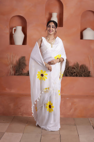 DAISY BLOOM HAND PAINTED KHADI COTTON SAREE IN WHITE