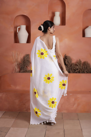 DAISY BLOOM HAND PAINTED KHADI COTTON SAREE IN WHITE