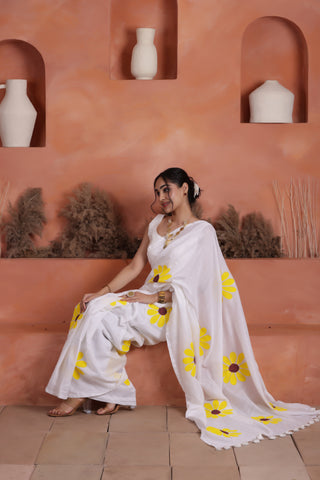 DAISY BLOOM HAND PAINTED KHADI COTTON SAREE IN WHITE