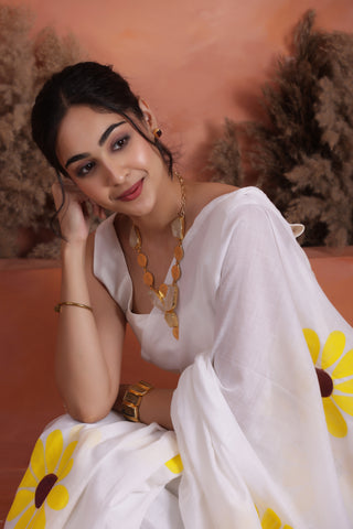 DAISY BLOOM HAND PAINTED KHADI COTTON SAREE IN WHITE
