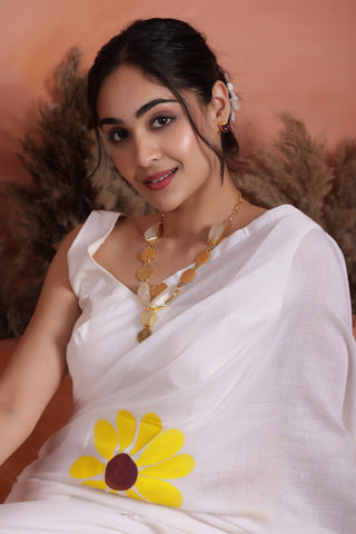 DAISY BLOOM HAND PAINTED KHADI COTTON SAREE IN WHITE