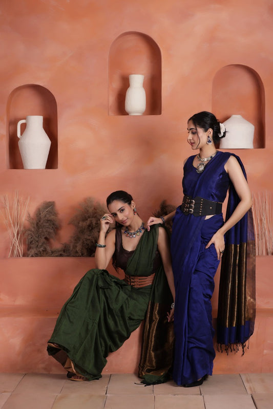 KHADI BRONZE GLOW BLUE KHADI COTTON SAREE WITH SUBTLE COPPER ACCENTS