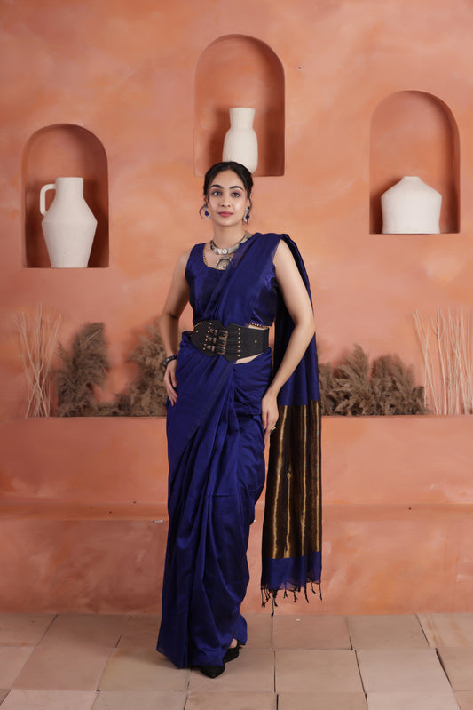 KHADI BRONZE GLOW BLUE KHADI COTTON SAREE WITH SUBTLE COPPER ACCENTS