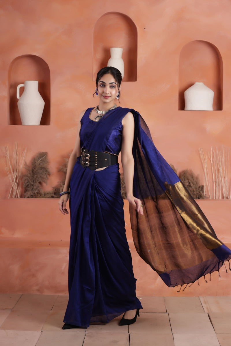 KHADI BRONZE GLOW BLUE KHADI COTTON SAREE WITH SUBTLE COPPER ACCENTS