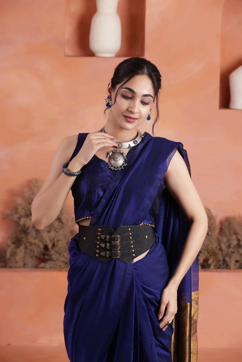 KHADI BRONZE GLOW BLUE KHADI COTTON SAREE WITH SUBTLE COPPER ACCENTS
