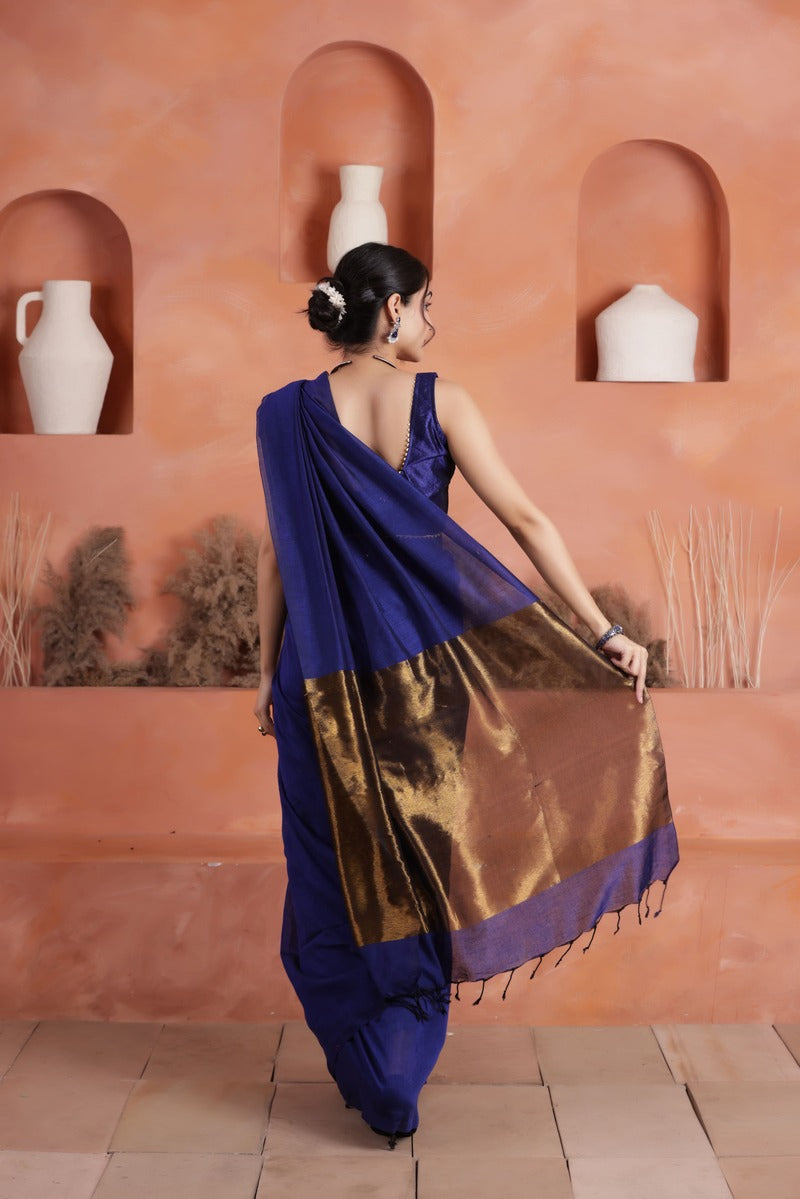 KHADI BRONZE GLOW BLUE KHADI COTTON SAREE WITH SUBTLE COPPER ACCENTS