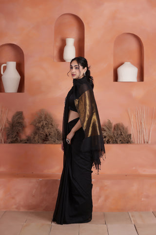 KHADI BRONZE GLOW BLACK KHADI COTTON SAREE WITH GLOWING COPPER PALLU