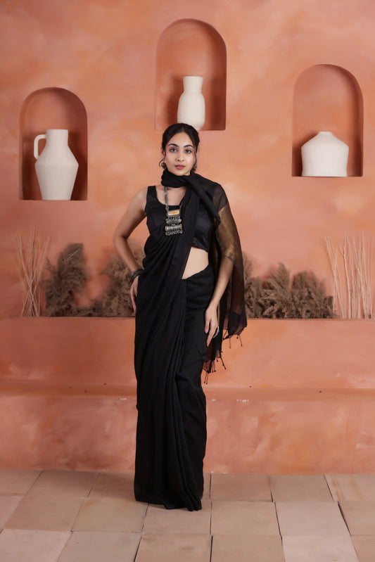 KHADI BRONZE GLOW BLACK KHADI COTTON SAREE WITH GLOWING COPPER PALLU