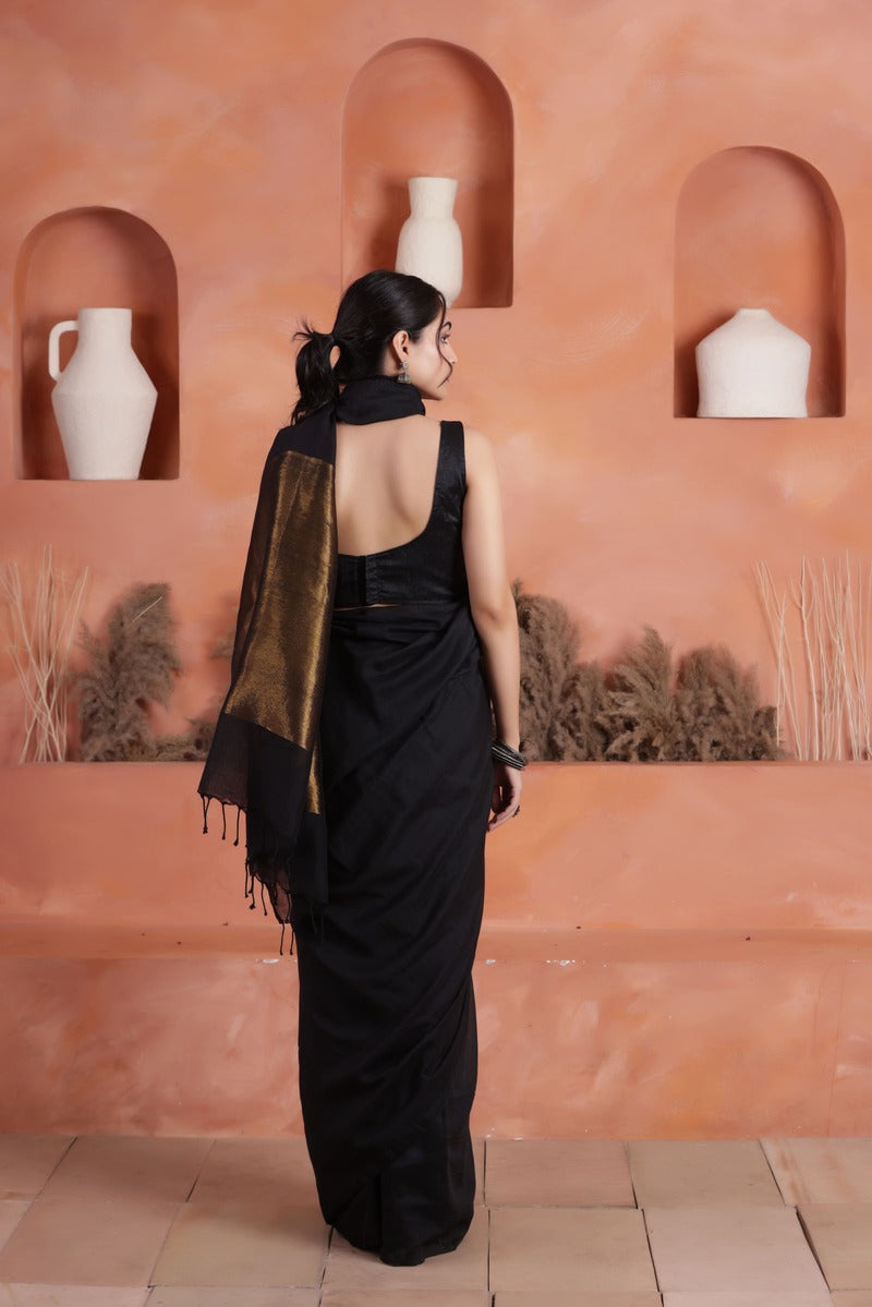 KHADI BRONZE GLOW BLACK KHADI COTTON SAREE WITH GLOWING COPPER PALLU