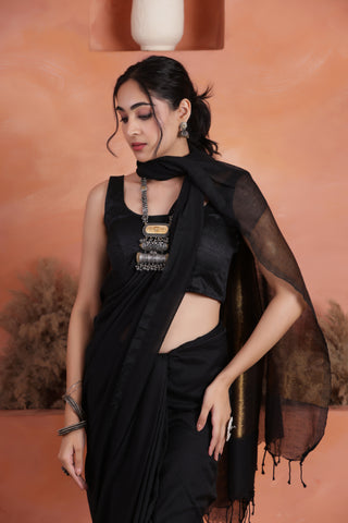 KHADI BRONZE GLOW BLACK KHADI COTTON SAREE WITH GLOWING COPPER PALLU