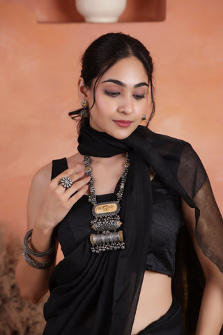 KHADI BRONZE GLOW BLACK KHADI COTTON SAREE WITH GLOWING COPPER PALLU