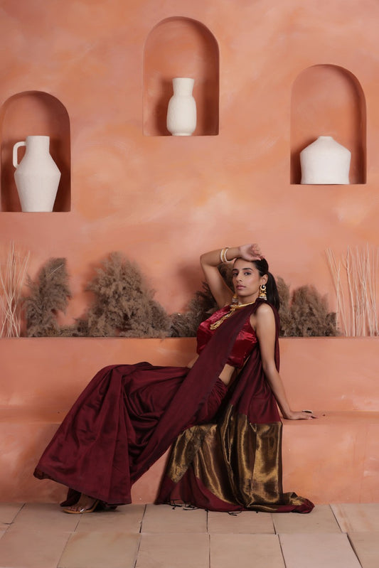 KHADI BRONZE GLOW SOFT MAROON KHADI SAREE WITH ANTIQUE BRONZE PALLU