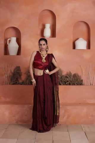 KHADI BRONZE GLOW SOFT MAROON KHADI SAREE WITH ANTIQUE BRONZE PALLU