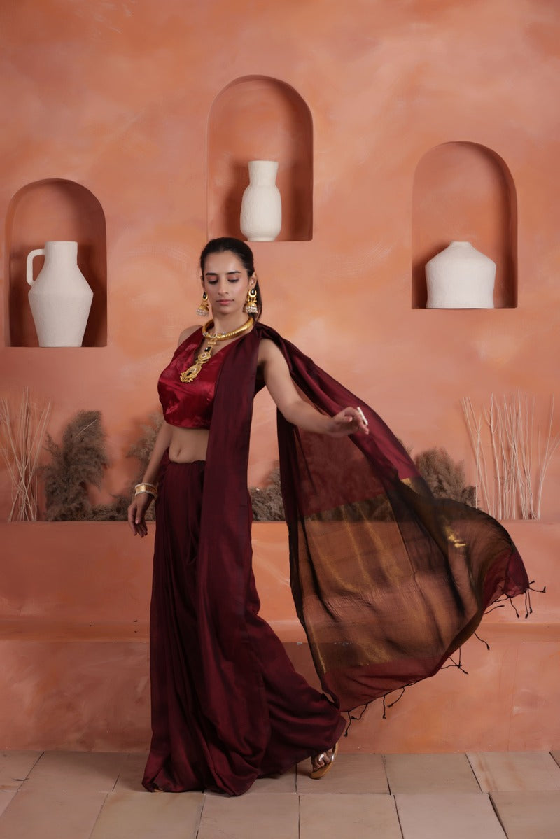KHADI BRONZE GLOW SOFT MAROON KHADI SAREE WITH ANTIQUE BRONZE PALLU